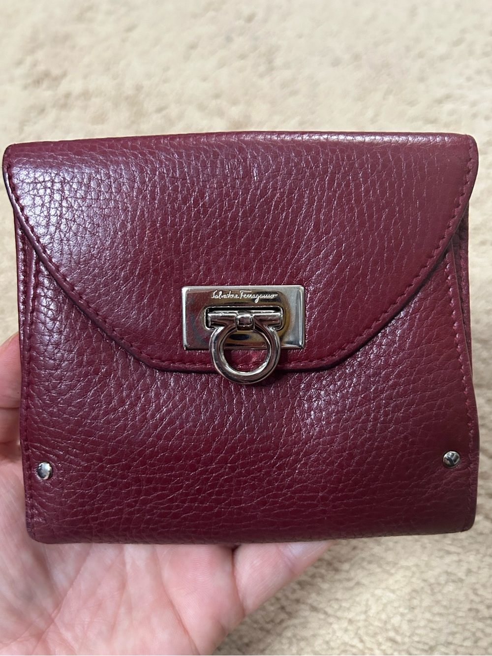 Salvatore Ferragamo Gancini Hardware Maroon/Burgundy Leather Wallet; pre-loved